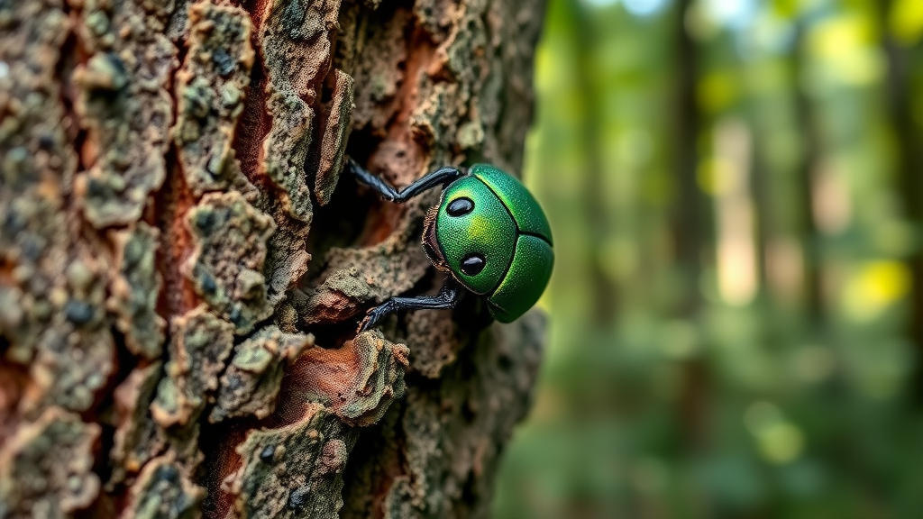 emerald ash borer control Kansas City - vivid close-up of an emerald ash borer beetle on an ash tree bark, metallic green sheen, Kansas City forested background, photorealistic, high fidelity lifelike detail