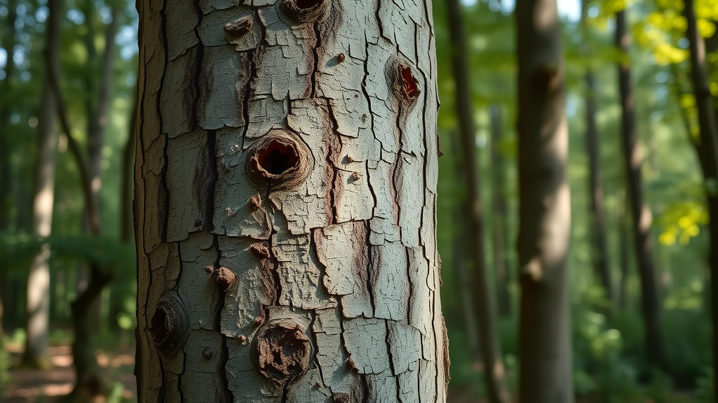 emerald ash borer Kansas City - close-up of ash tree trunk, bark splits, and holes from emerald ash borer, shaded forest edge
