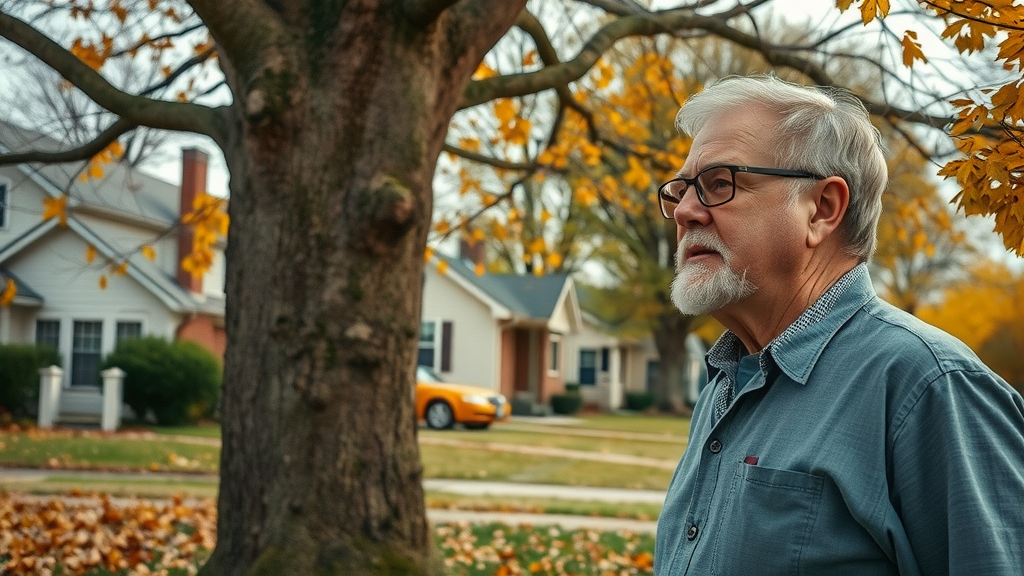 Homeowner observing large Kansas City ash tree with canopy thinning due to emerald ash borer.