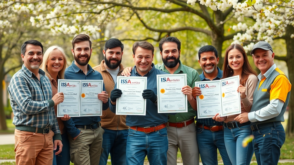Professional arborist team compares ISA certificates and equipment in Kansas City park; isa certified arborist