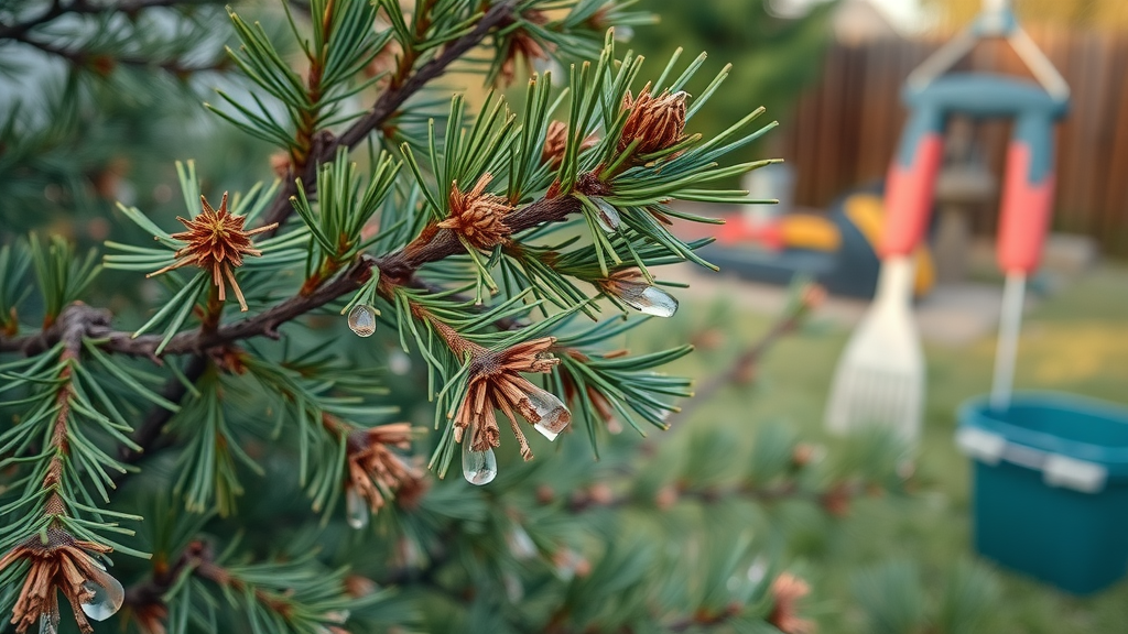 Pine wilt and tip blight symptoms Kansas City: close-up of pine branches with browning needles in a suburban yard