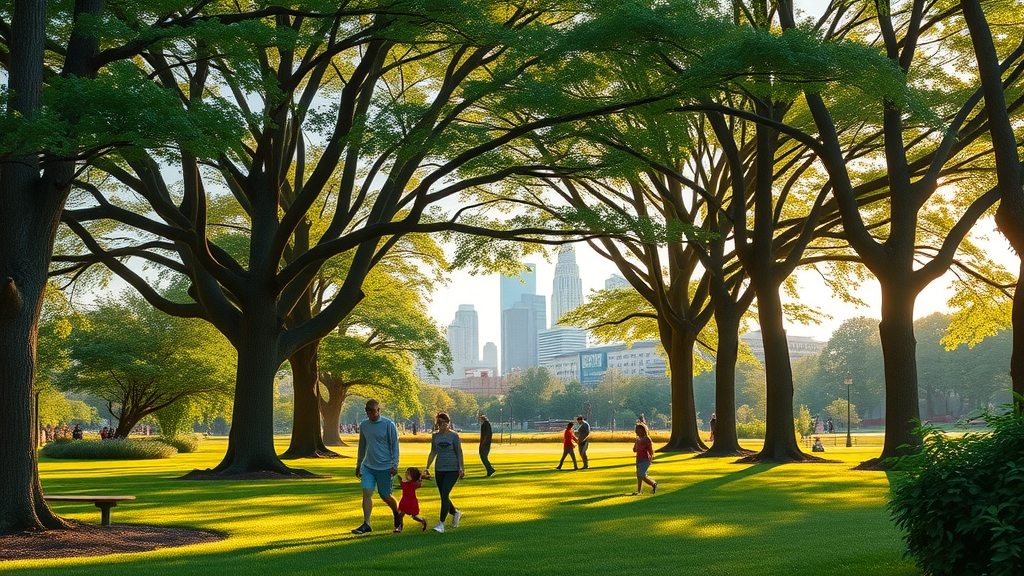 lush urban park with mature shade trees, families walking, children playing, healthy green foliage, Kansas City skyline in background, urban tree care Kansas City