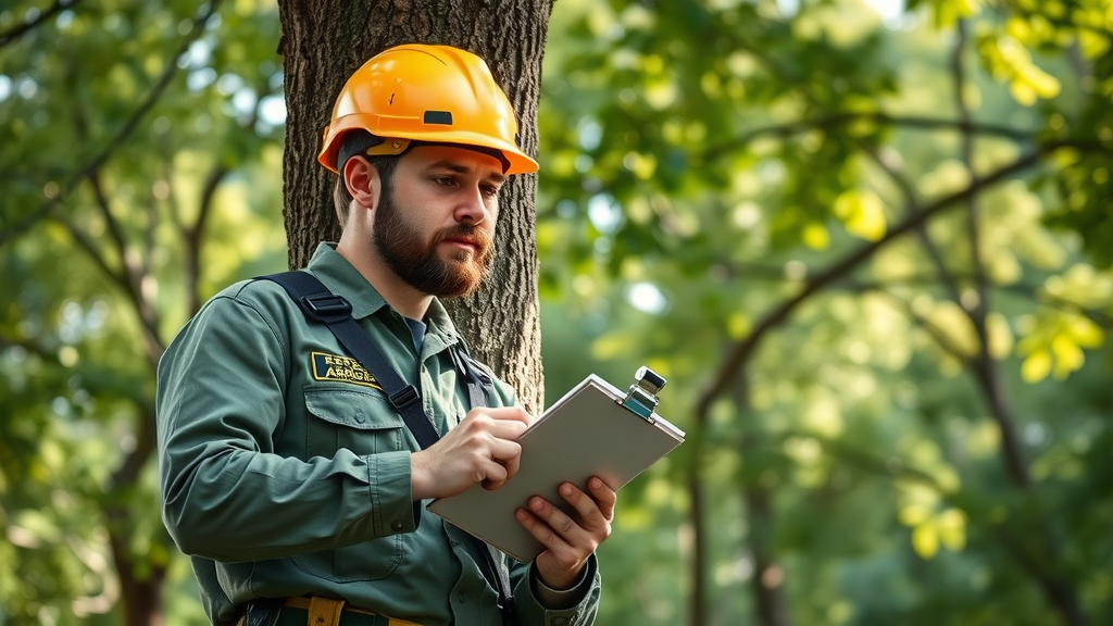 Certified arborist in Kansas City inspecting tree health with diagnostic tools, arborist gear visible, urban park environment.