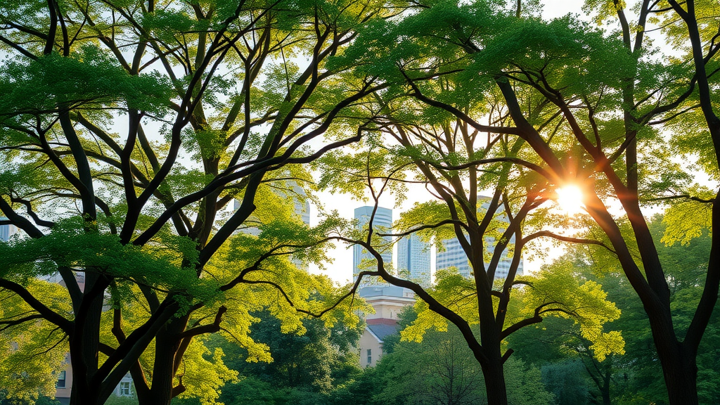 Lush healthy urban trees in Kansas City park, flourishing canopy, morning sunlight, city skyline and residential homes