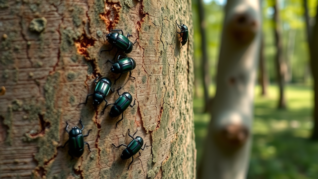 close-up of emerald ash borer insects damaging tree bark Kansas City