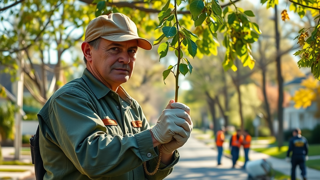 arborist pruning diseased branch from an elm tree, Kansas City residential street, photorealistic