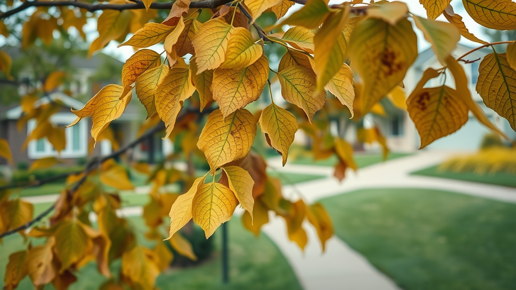 tree health check Kansas City - homeowner inspecting yellowed walnut tree leaves for signs of cankers disease, healthy residential landscape