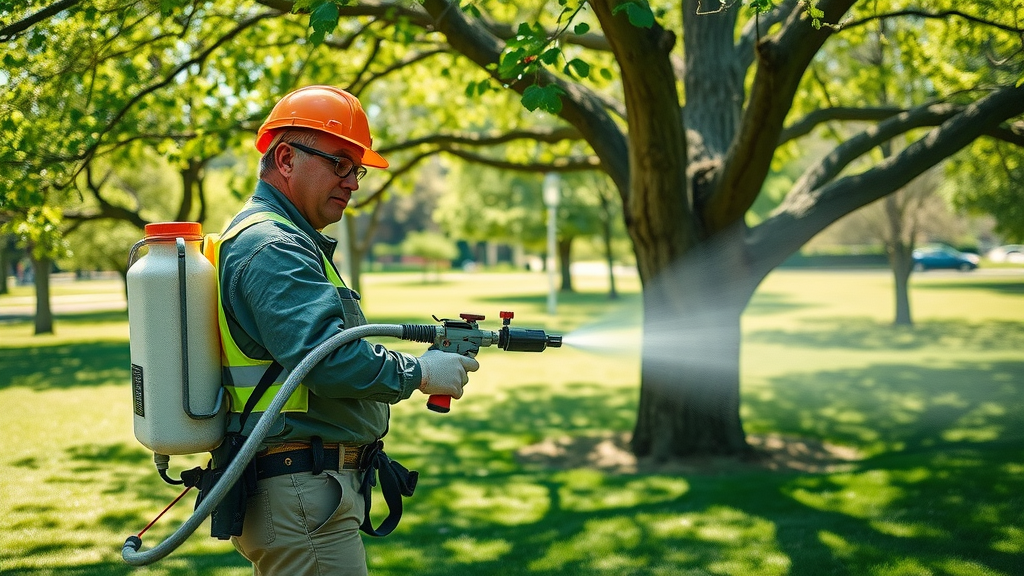 dedicated arborist spraying a large shade tree, tree care service Kansas City, professional tree spraying, sunny day, lush park background