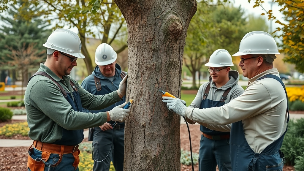 Arborist team treating Kansas City city tree for emerald ash borer infestation.