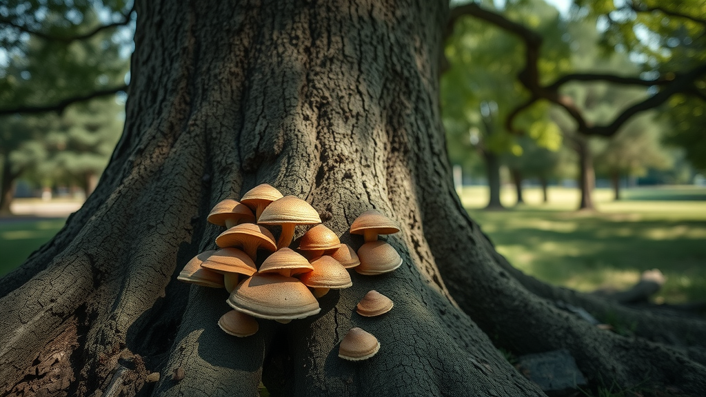 tree health assessment Kansas City close-up tree trunk base fungi and mushrooms indicating hazardous tree risk