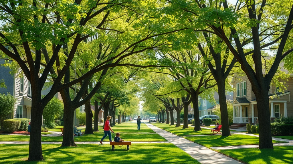 Vibrant Kansas City suburban neighborhood with healthy mature trees and vibrant green canopy