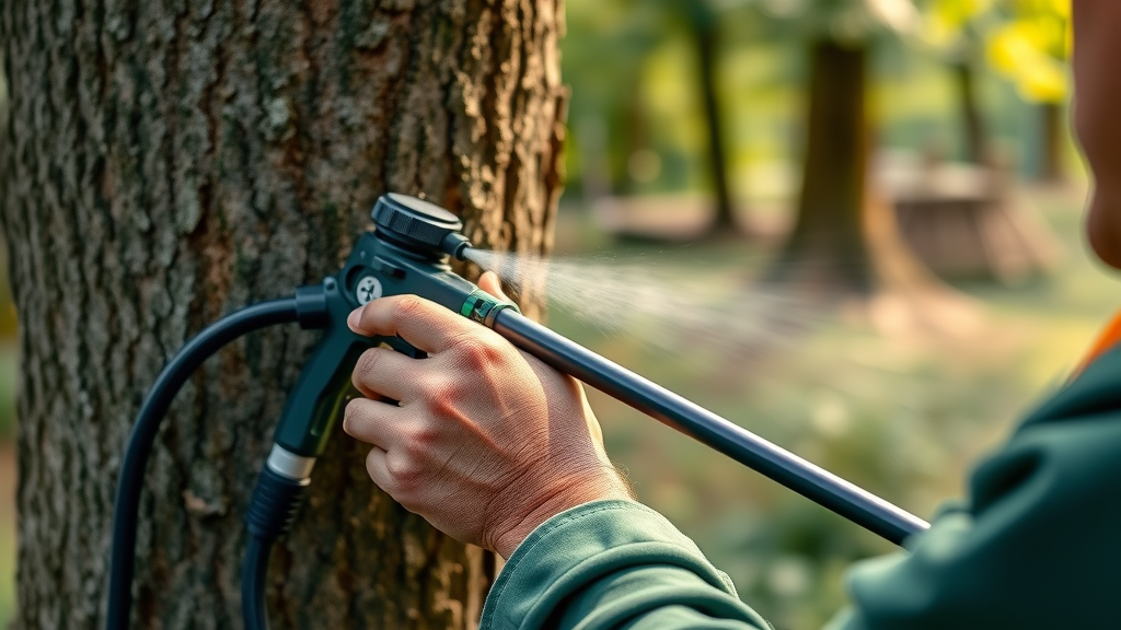 Professional arborist using advanced tree spraying equipment for targeted pest control