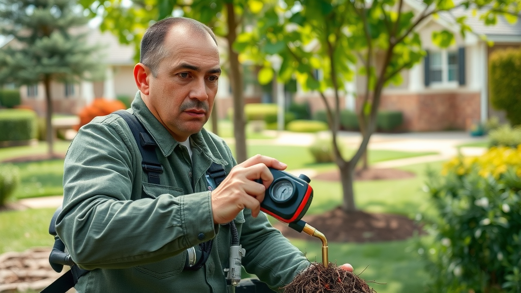 Professional arborist using soil injector on tree roots, soil injection, tree pest control, photorealistic suburban garden