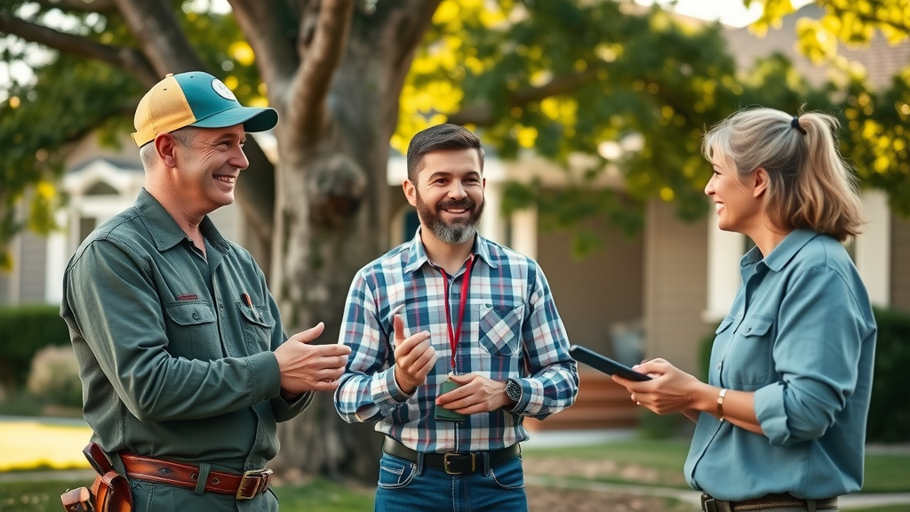 Professional tree care team consulting with a Kansas City homeowner in front of mature trees and a suburban neighborhood
