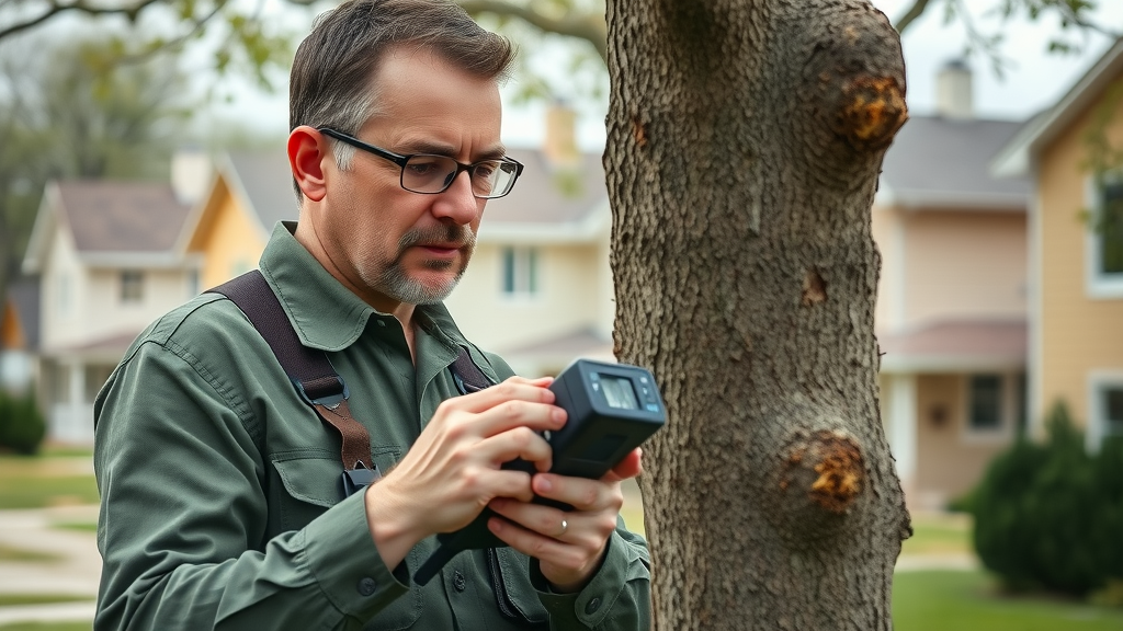 certified arborist inspecting an ash tree for emerald ash borer in Kansas City, visible bark damage and diagnostic equipment