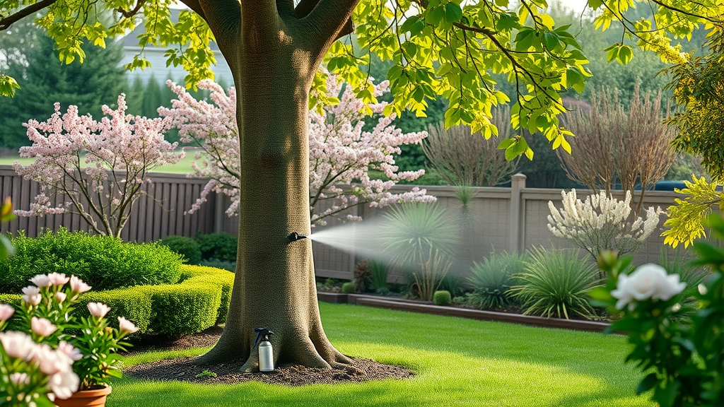 Backyard trees, homeowner spraying tree base for pest prevention, insecticide application for trees, spring season, photorealistic, pest control