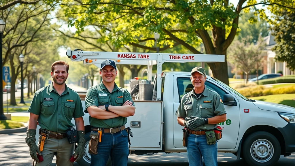 tree care crew in Kansas City smiling next to service truck on tree-lined street
