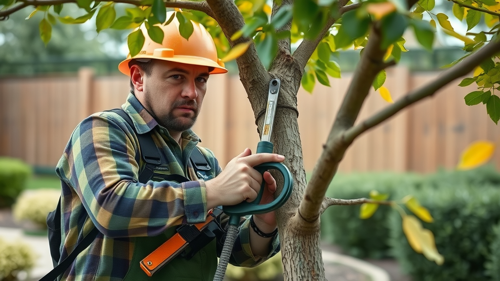 ISA certified arborist carefully pruning a healthy urban tree with professional equipment in a well-maintained Kansas City yard