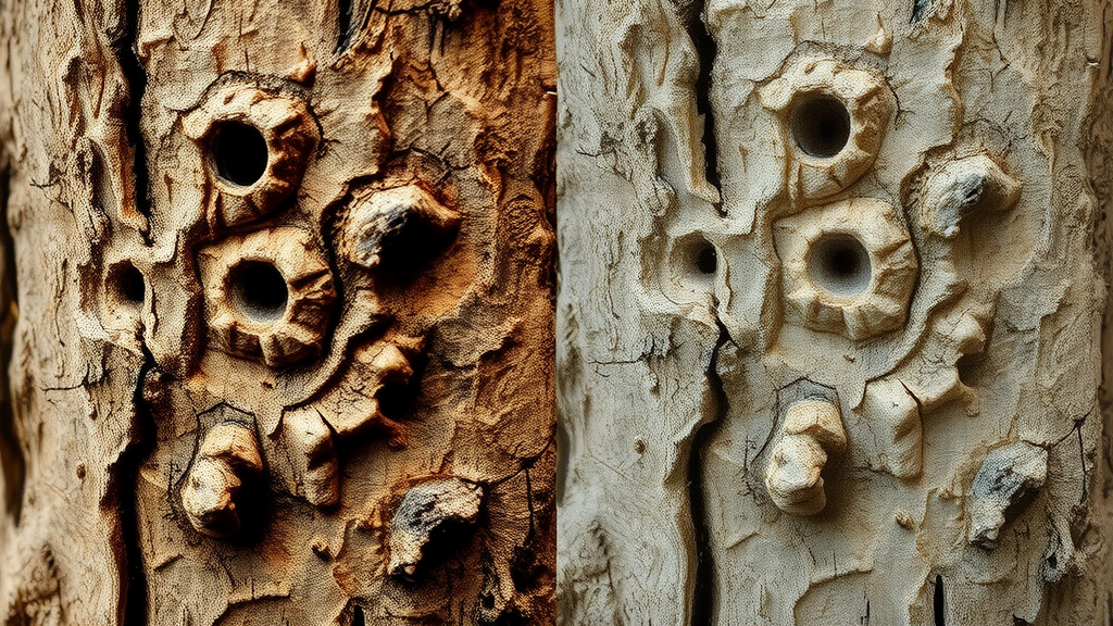 Comparison of healthy ash tree bark to a cross-section with D-shaped exit holes and S-shaped larval galleries from emerald ash borer infestation