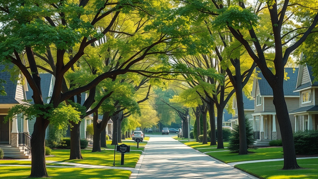 Kansas City arborist services maintaining mature trees in a vibrant residential neighborhood, healthy tree canopy along tidy streets, calm suburban setting.