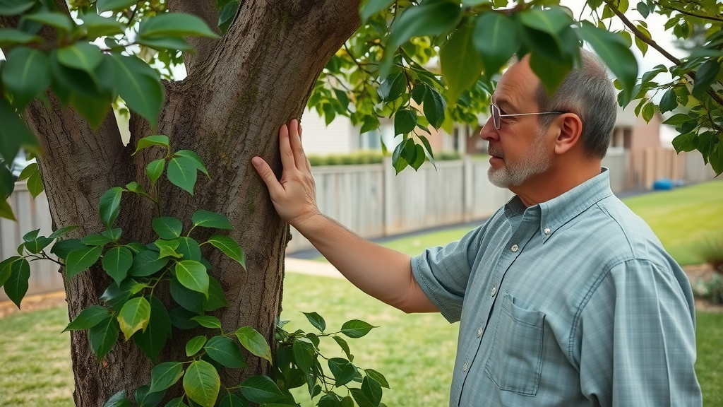 tree risk assessment Kansas City concerned homeowner inspecting mature tree for hazardous tree signs
