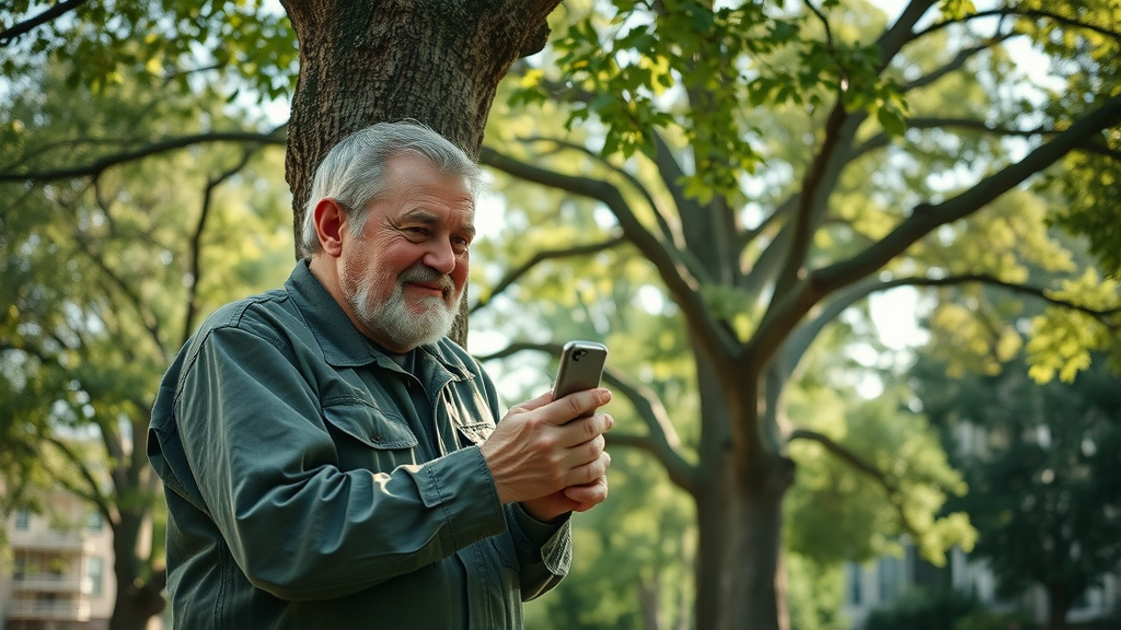 Seasoned arborist inspecting a tall ash tree for signs of disease or pests, healthy ash tree foliage, urban neighborhood, detailed inspection