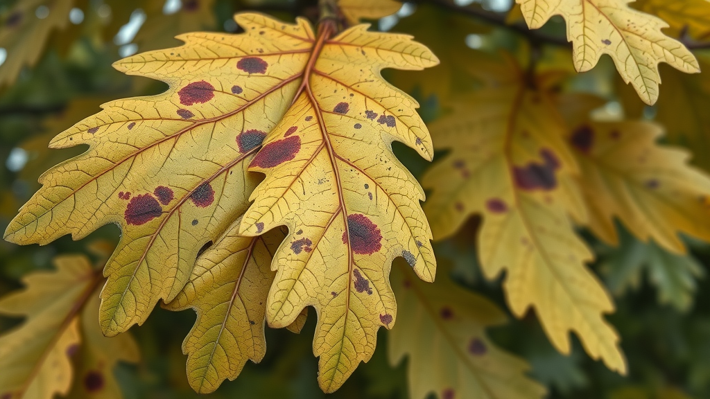 close-up of diseased oak tree leaves, oak wilt and iron chlorosis symptoms, tree disease kansas city