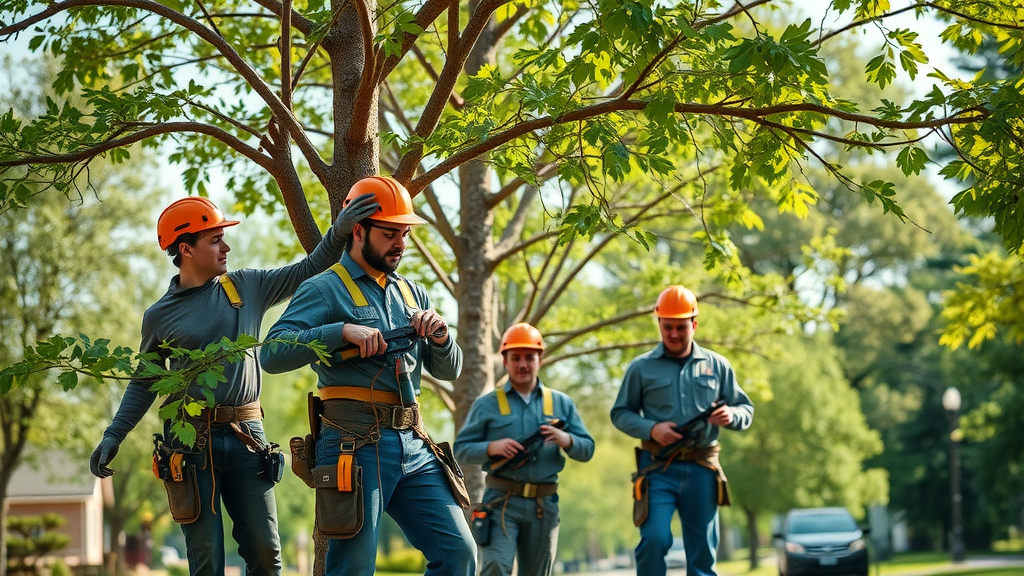 team of professional arborists pruning city trees, tree trimming urban tree care Kansas City