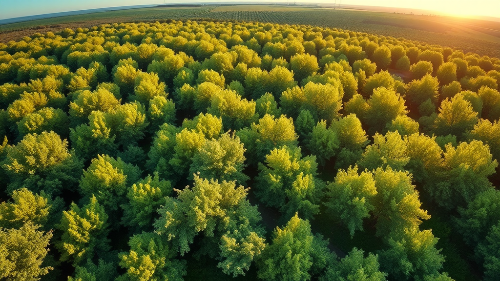Aerial view of lush orchard using environmentally safe tree spraying, healthy fruit trees, bees flying, birds perched, clear blue sky and golden hour sunlight