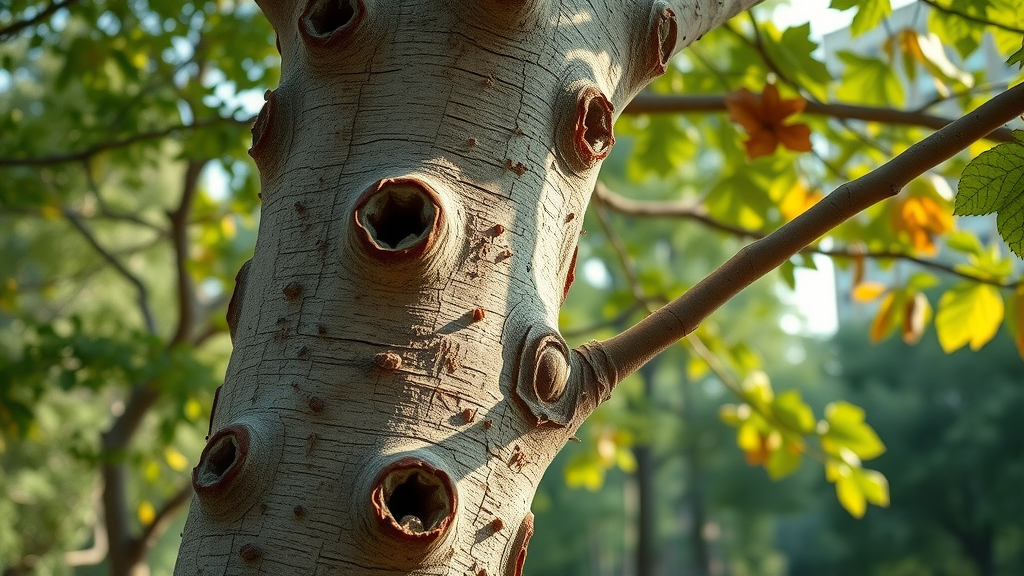 ash tree with D-shaped exit holes and canopy thinning from emerald ash borer, Kansas City urban park background