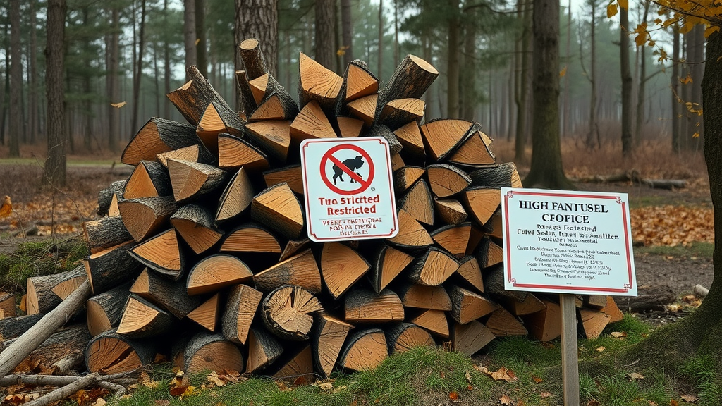Pile of cut ash tree firewood marked as restricted, firewood movement regulation, North American forest background, informational signage present