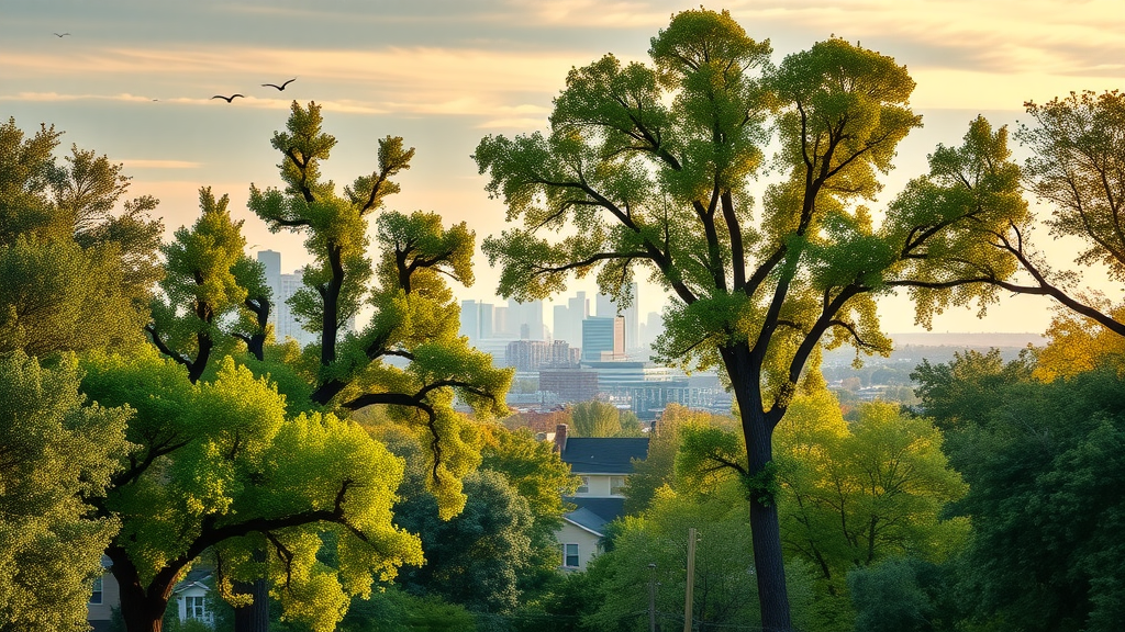 lush, healthy urban trees in a vibrant Kansas City neighborhood showing diversity of tree species and city skyline in the background