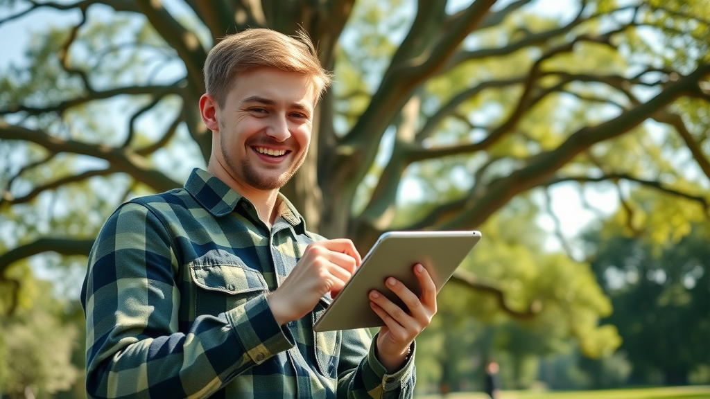 tree disease identification app Kansas City - young arborist using tree ID app with healthy oak in city park