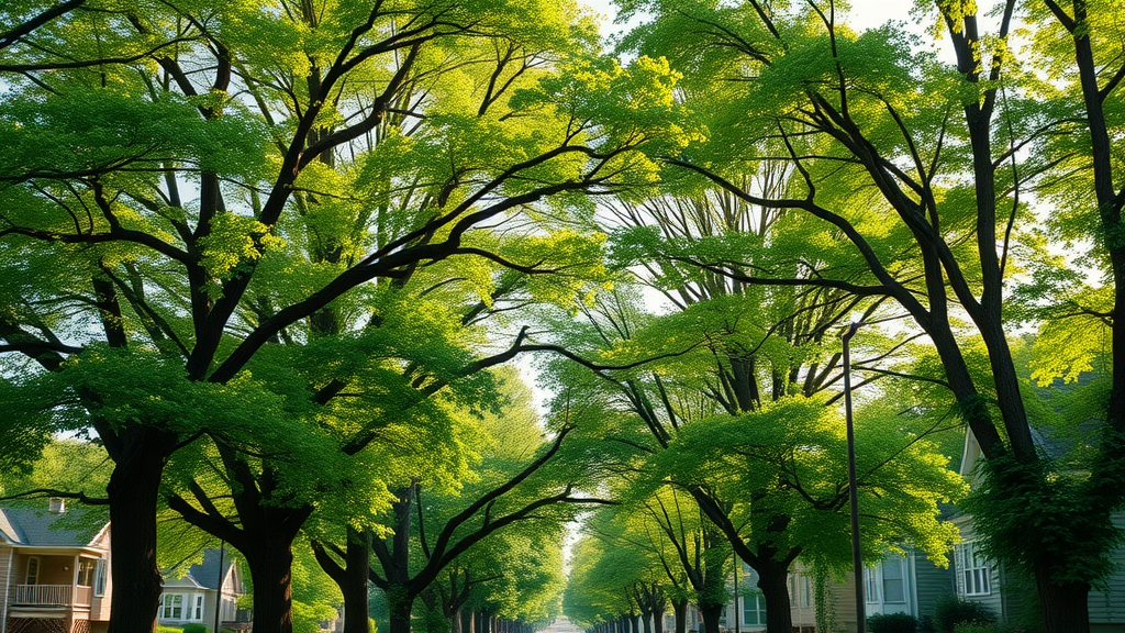 vibrant urban forest in Kansas City, healthy trees lining a residential street, thriving with lush green canopies, city area