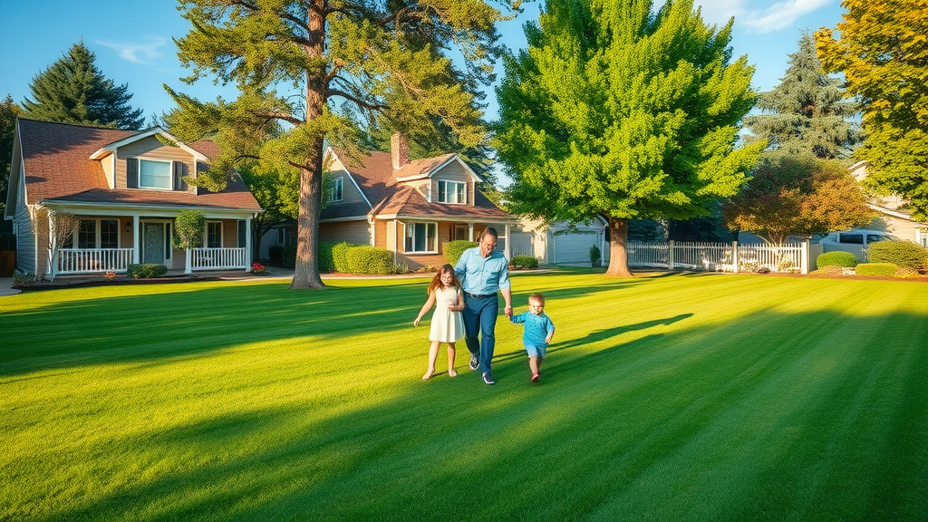 Lush Kansas City yard with healthy trees and immaculate green lawn. Family enjoys pest-free outdoor living.