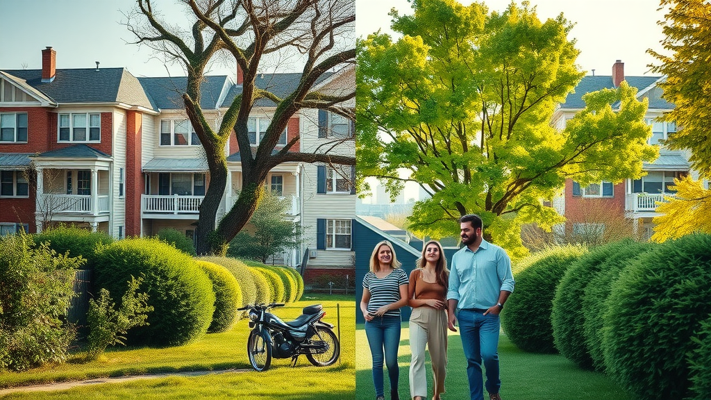 Professional arborist Kansas City - before and after urban yard, overgrown trees on left, vibrant healthy trees on right, delighted family, Kansas City skyline