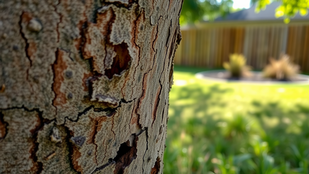 damaged tree bark with visible disease and pest holes, decaying, Photorealistic High Fidelity Lifelike, Kansas City yard