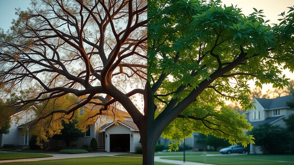 split-scene, before and after healthy tree transformation from diseased dying tree to lush specimen in Kansas City residential neighborhood
