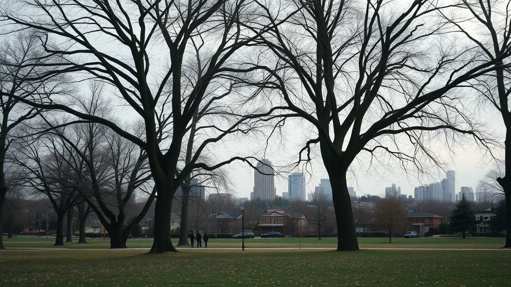 Somber Kansas City park with mature ash trees showing signs of emerald ash borer damage, thinning canopies, and city skyline in the background.