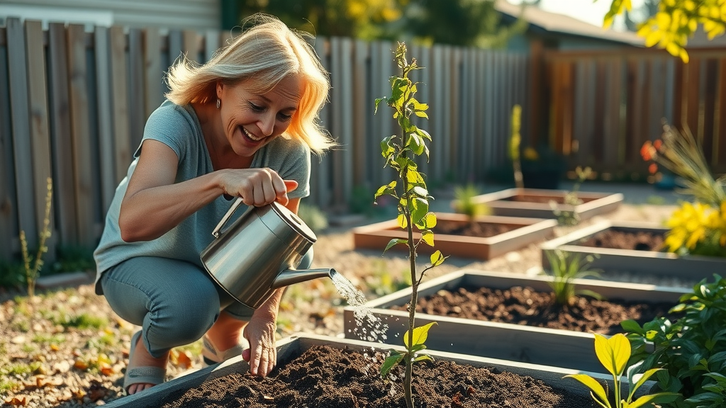 Proper aftercare after planting a tree, including watering and mulching in a home garden