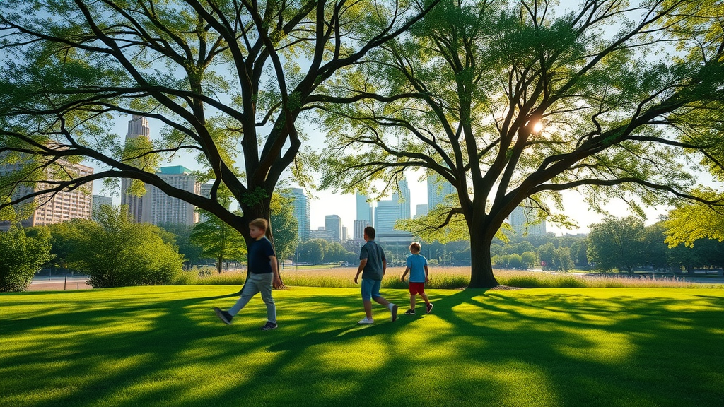 lush Kansas City urban park, healthy vibrant trees in early morning, city skyline, tree disease treatment Kansas City, tree health, children playing