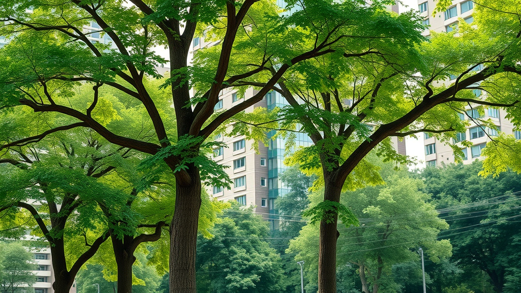 Vibrant urban landscape with healthy mature trees, urban park, pest damage on one tree, inset city buildings, insecticide application for trees