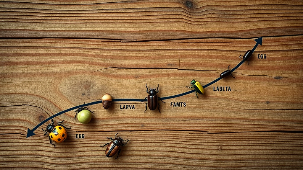 Emerald ash borer lifecycle stages—from egg to adult—in a circular flowchart overlaying textured wood background