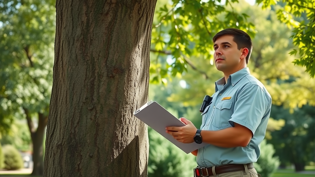 ISA certified arborist inspections - professional arborist in crisp uniform examining large tree in Kansas City park, diagnostic tools in hand