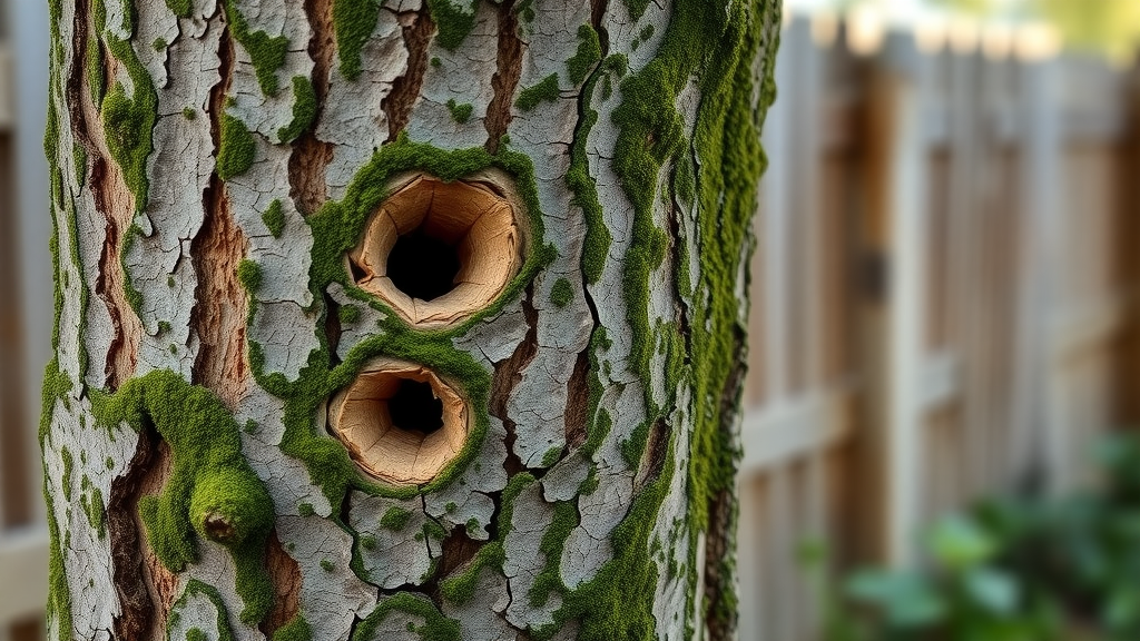 Close-up of Kansas City tree trunk with D-shaped emerald ash borer exit holes.