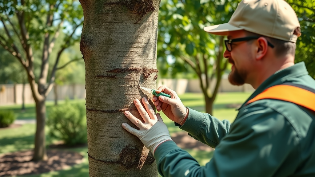 Arborist performing tree trunk injection treatment in a Kansas City yard with healthy trees and leafy background
