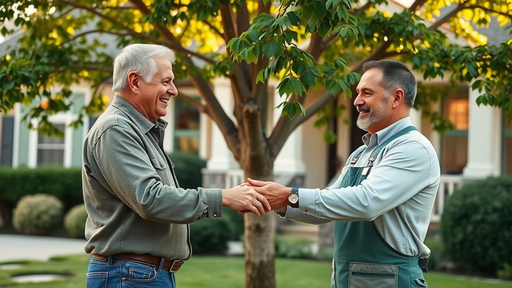 Kansas City homeowner and arborist shaking hands in front of healthy mature front yard tree, photorealistic, tidy suburban background