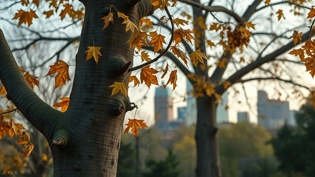 close-up of diseased elm and oak trees with yellow leaves and wilting branches, tree disease Kansas City