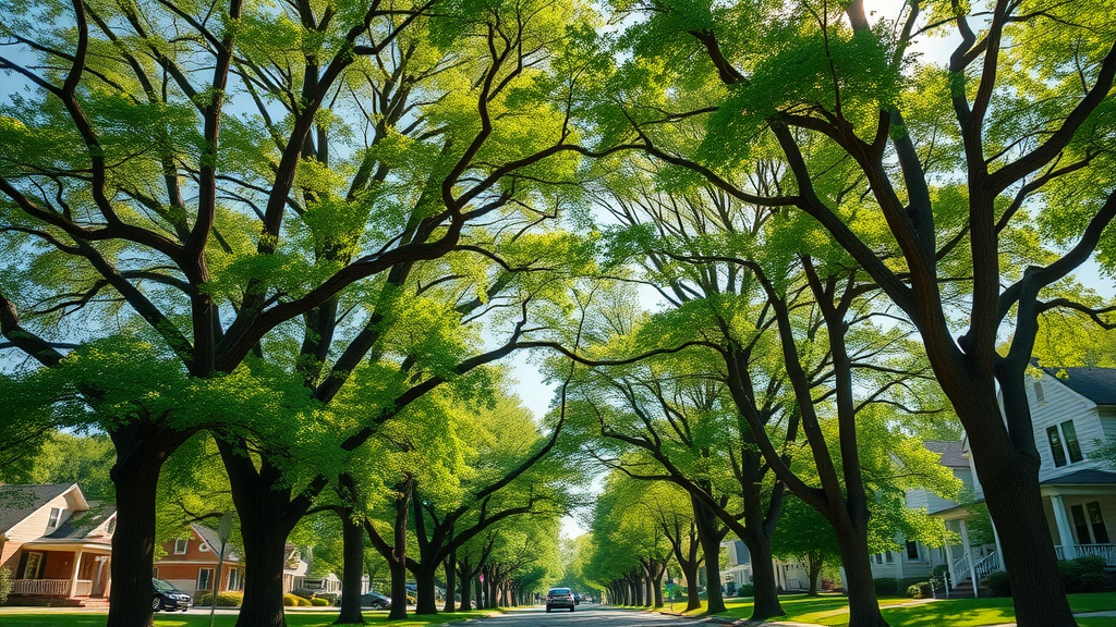 Annual tree inspection KC in a serene Kansas City residential neighborhood with leafy trees and healthy foliage