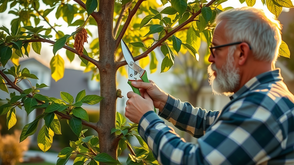 homeowner pruning infected limb on Kansas City tree for pest management